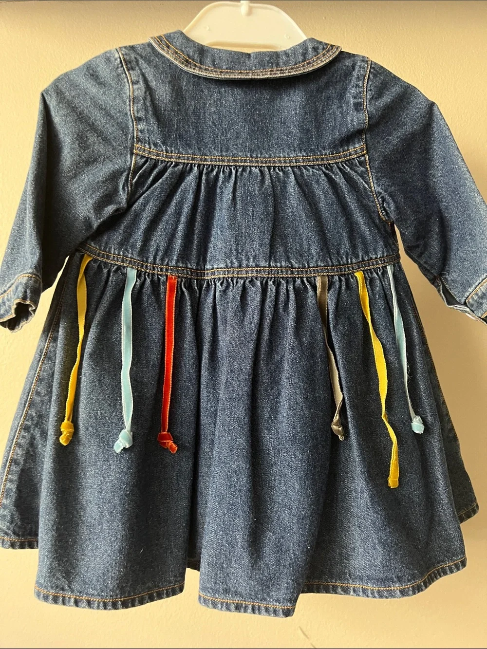 Vintage  Blue Denim Jacket Dress Multicolor Ribbon Accents & Matching Tights